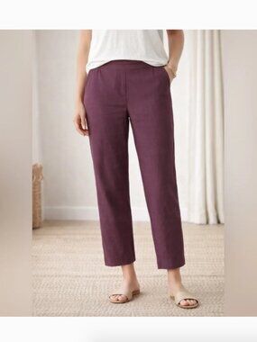 J.JILL Linen Stretch Pants Plum Burgundy M Pockets Pull On Ankle Pant Crop Women